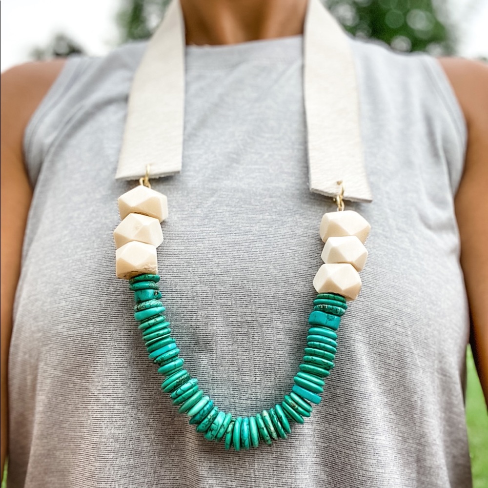 Turquoise, bone, and cowhide necklace